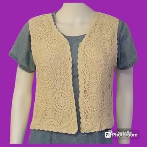 VTG NOILE SILK EXCHANGE Boho Ivory Crochet Doily Boho Cropped Waistcoat Vest
